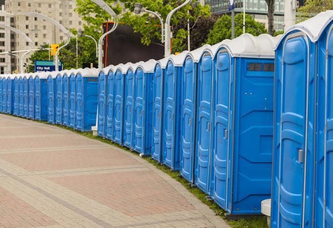 a line of brightly-colored portable restrooms, perfect for outdoor festivals and concerts in Chillum, MD